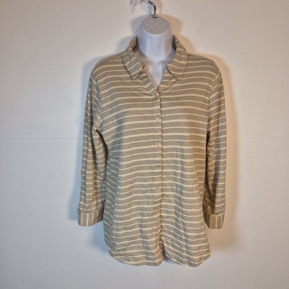 NY Collection Button-Up Shirt Women's Size M Collared Striped Gray Beige